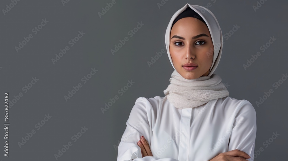 Fototapeta premium Beautiful young Islamic woman in white hijab wearing white shirt crossing arms on gray background.