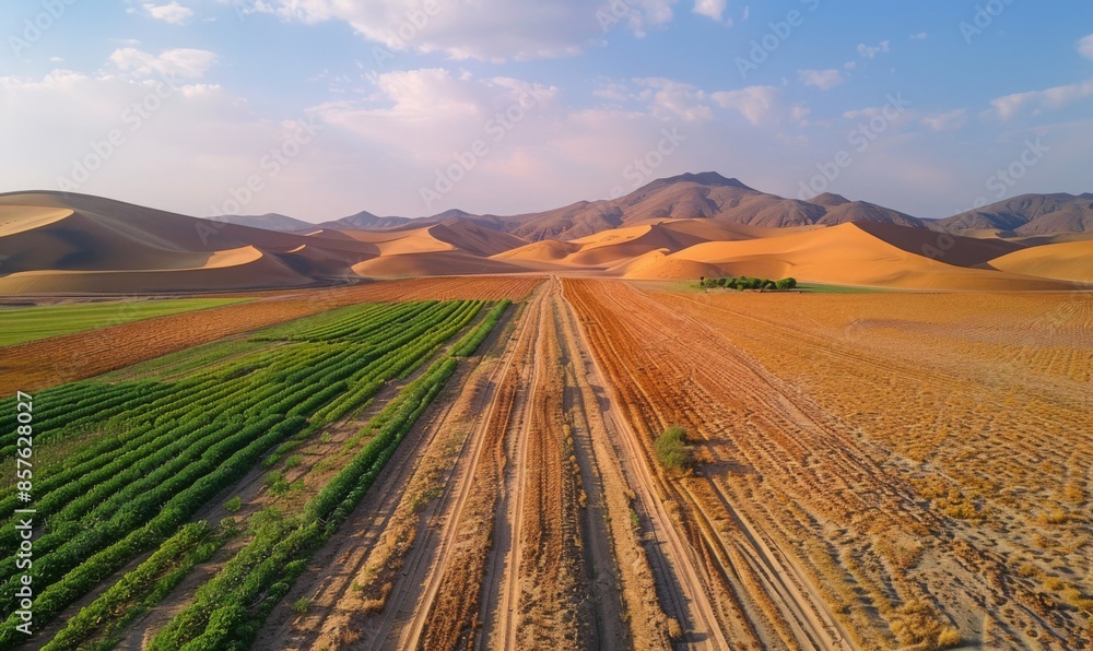 A desertification scene with once fertile land now turned into barren desert, with sand dunes