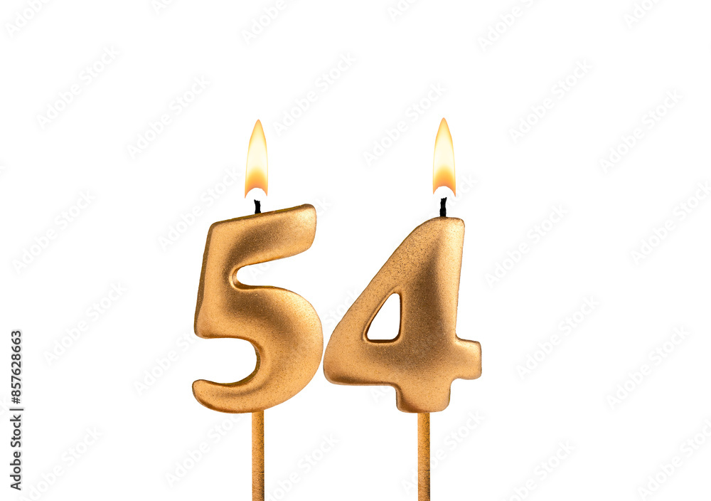 Golden candle number 54 - Birthday on white background Golden candle number 54 - Birthday on white background