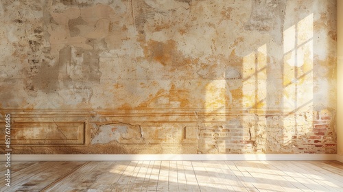 Bright living room featuring an empty grunge wall with ancient details under daylight © kitipol