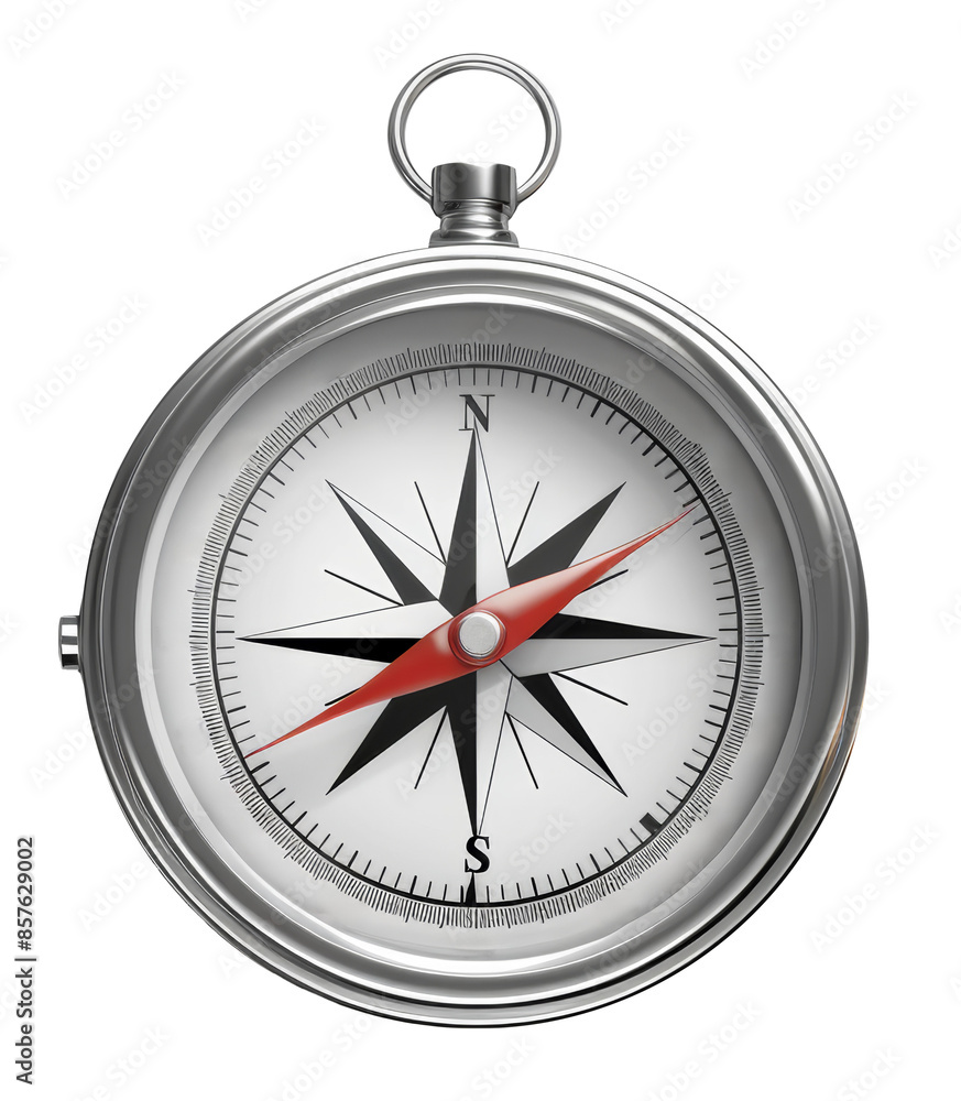 A detailed image of a classic silver pocket compass with a red needle, isolated on a transparent background. A detailed image of a classic silver pocket compass with a red needle, isolated on a transparent background.