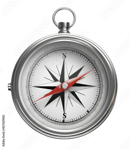 A detailed image of a classic silver pocket compass with a red needle, isolated on a transparent background.