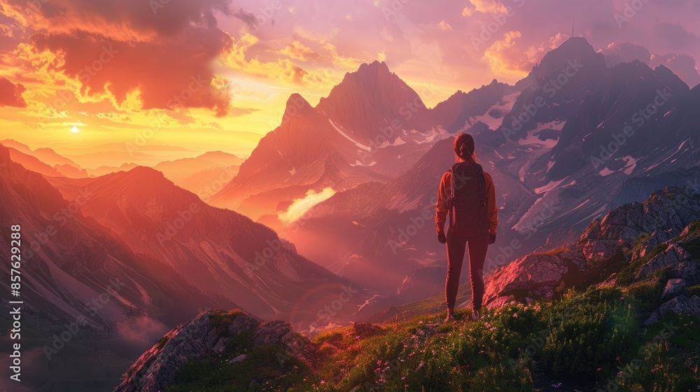 Fototapeta premium A joyful traveler stands amidst the beauty of a mountain sunset, their happiness evident as they take in the majestic scenery, with the colorful sky and towering peaks creating a sense of peace and