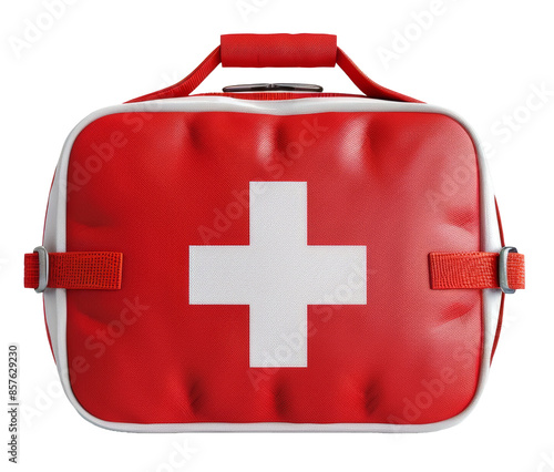 A bright red first aid kit with a white cross on the front, isolated on a transparent background. photo