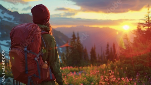 A happy traveler revels in the magic of a mountain sunset, their smile reflecting the warmth of the fading sunlight, as they witness the splendor of nature's evening display, with plenty of room for
