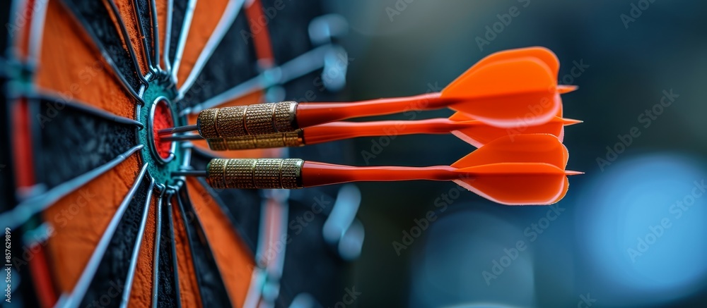 Precision Success - Red Darts Hitting Bullseye Against Dark Blue Sky Background Precision Success - Red Darts Hitting Bullseye Against Dark Blue Sky Background