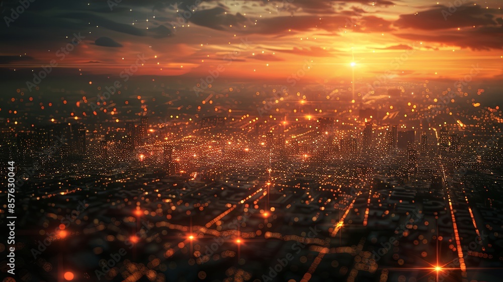 A breathtaking cityscape at sunset with radiant lights indicating a vast network, blending the warmth of the sunset with the coldness of technology. A breathtaking cityscape at sunset with radiant lights indicating a vast network, blending the warmth of the sunset with the coldness of technology.