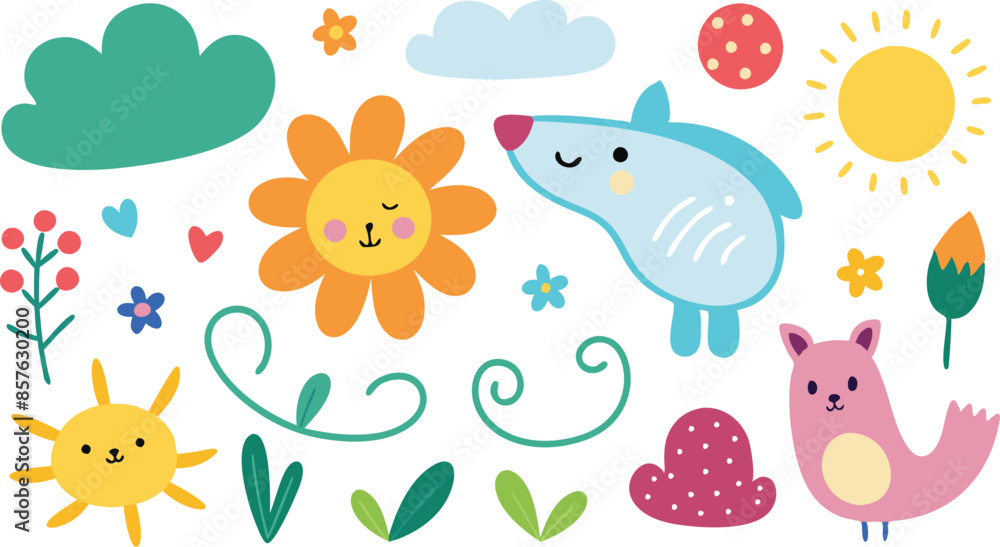 A cartoon blue dog and a sunflower with the words happy birthday. A cartoon blue dog and a sunflower with the words happy birthday.