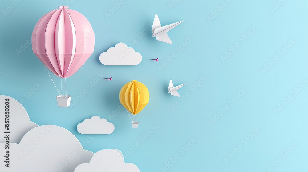 Illustration of colorful 3D paper balloons, clouds, and airplanes on sky blue background, copy space for text, children's day, kid wallpaper. Pastel color. Illustration of colorful 3D paper balloons, clouds, and airplanes on sky blue background, copy space for text, children's day, kid wallpaper. Pastel color.