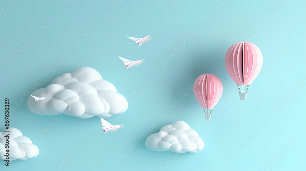 Illustration of colorful 3D paper balloons, clouds, and airplanes on sky blue background, copy space for text, children's day, kid wallpaper. Pastel color. Illustration of colorful 3D paper balloons, clouds, and airplanes on sky blue background, copy space for text, children's day, kid wallpaper. Pastel color.