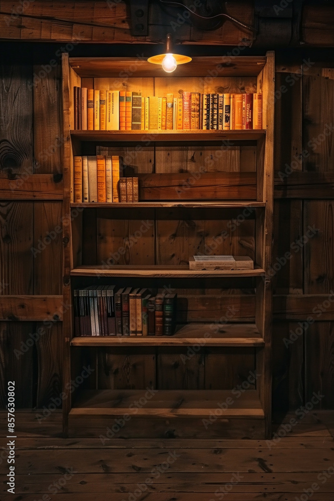 A simple wooden bookshelf with a few books glowing, indicating the illumination that comes from knowledge and ideas A simple wooden bookshelf with a few books glowing, indicating the illumination that comes from knowledge and ideas