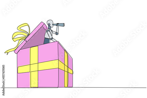 Single one line drawing a robot emerges from gift box looking for something through binoculars. Scan. Analyze business performance. It's time to give gifts. Continuous line design graphic illustration