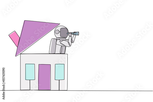 Single one line drawing young astronaut emerges from the miniature house looking for something through binoculars. Feeling homesick. Too long in space. Continuous line design graphic illustration