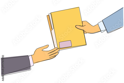 Continuous one line drawing hand gives document folder. Concept of sharing work data. Provide work that must be completed right away. Tidying up documents. Single line draw design vector illustration