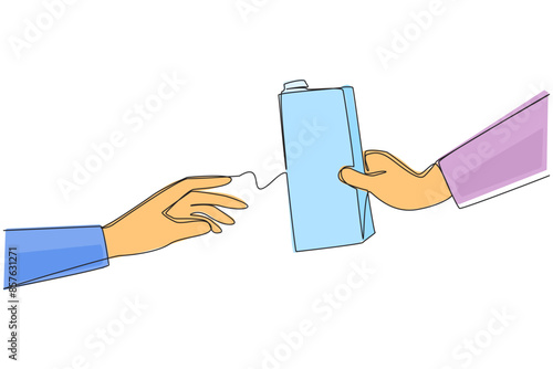 Single one line drawing hand giving carton of milk. 