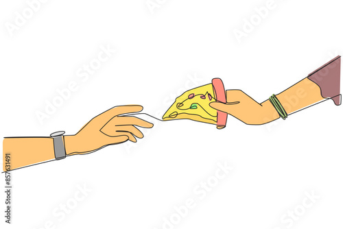 Single continuous line drawing hand giving slice of pizza. Foods that ruin diet pattern. Usually these foods have high levels of fat, salt and calories. Junk food. One line design vector illustration
