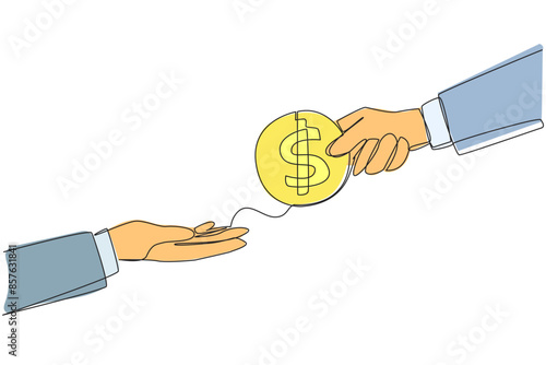 Single continuous line drawing a hand gives a coin with a dollar symbol to colleague. Pay for something. Haggle over price. Agree on the lowest price. Change money. One line design vector illustration