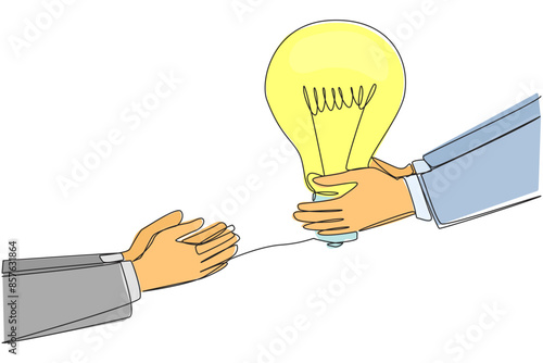 Continuous one line drawing hand giving lightbulb to colleague. Providing best advice for the good and progress of business. Great partner. Brainstorming. Single line draw design vector illustration