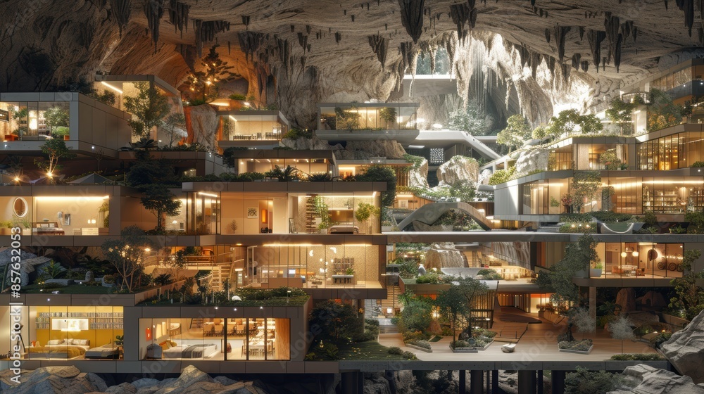 cross section view of large underground cyberpunk cavern. The walls are lined with multiple levels of homes and the bottom level holds shopping and other community buildings. The center of the floor cross section view of large underground cyberpunk cavern. The walls are lined with multiple levels of homes and the bottom level holds shopping and other community buildings. The center of the floor