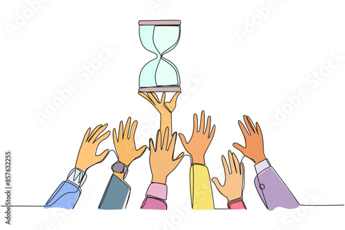 Single continuous line drawing hands fighting over the hourglass. Fighting over an antique clock. Very ambitious to be able to have it. Collector of vintage items. One line design vector illustration