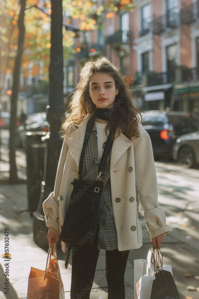 Trendy woman shopping in urban autumn setting. Lifestyle model photo urban outdoor setting. Trendy woman shopping in urban autumn setting. Lifestyle model photo urban outdoor setting.