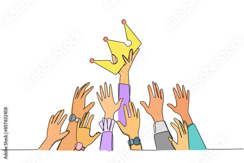 Single continuous line drawing hands fighting for the crown. Fighting for power with each other. Utilizing position inappropriately. Negative impact. Improperly. One line design vector illustration