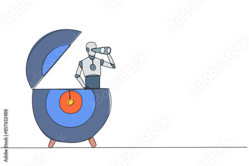 Single continuous line drawing smart robot appears from arrow target board looking for something through binocular. Scan. Analyzing skills. Focus on pursuing goals. One line design vector illustration