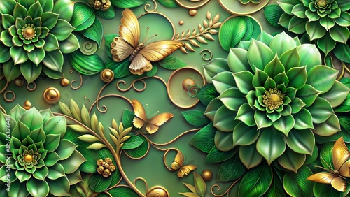 Fototapeta Naklejka Na Ścianę i Meble -  3d wallpaper abstract floral background with green flowers and golden butterfly mural for interior home