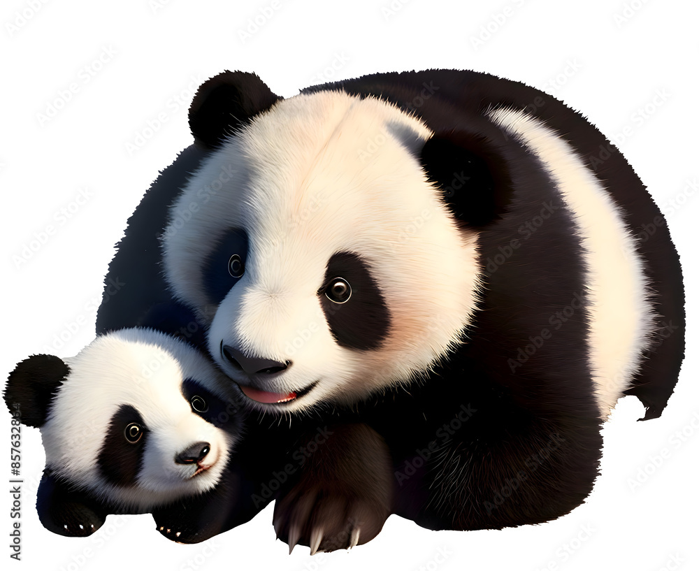 Fototapeta premium Baby Panda Bear With Mom Cuddling with Transparent Background