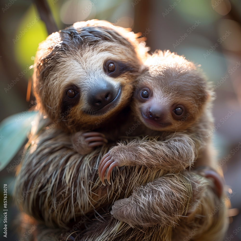 Naklejka premium cute_baby_sloth_with_mom