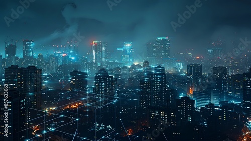 A contemporary cityscape glowing with neon lights and digital networks at night, representing a blend of modern technology and urban living in a digitally connected world.