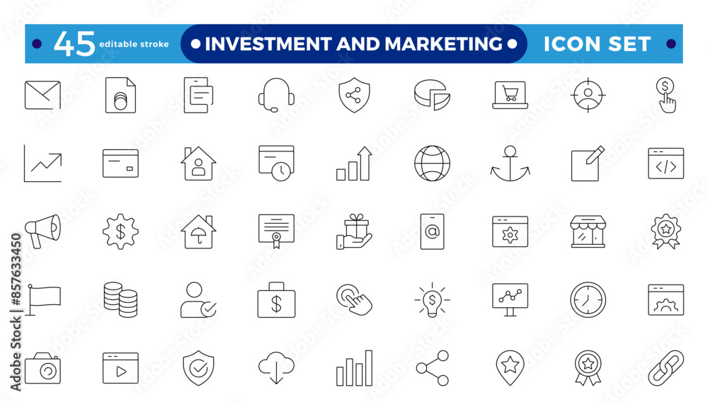 Investment & Marketing icons set. Content, search, marketing, e-commerce, SEO, electronic devices, internet, analysis, social, and more line icon. Editable stroke outline icon. Investment & Marketing icons set. Content, search, marketing, e-commerce, SEO, electronic devices, internet, analysis, social, and more line icon. Editable stroke outline icon.