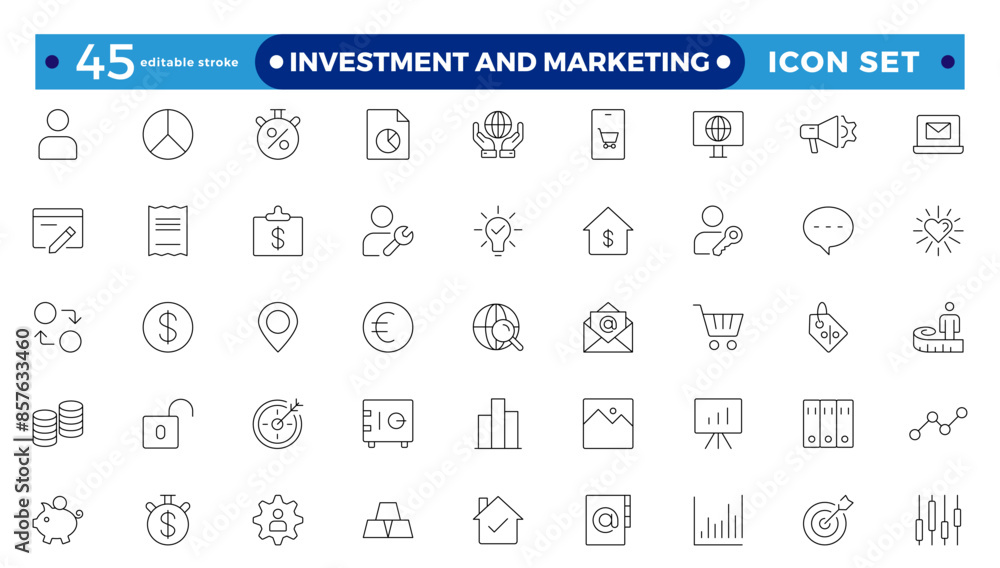 Investment & Marketing icons set. Content, search, marketing, e-commerce, SEO, electronic devices, internet, analysis, social, and more line icon. Editable stroke outline icon. Investment & Marketing icons set. Content, search, marketing, e-commerce, SEO, electronic devices, internet, analysis, social, and more line icon. Editable stroke outline icon.