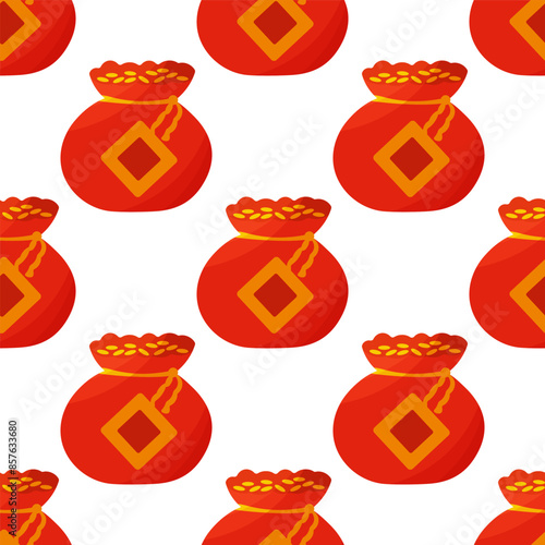 Chinese red bag with money. Seamless pattern on a white background. Storing gold coins in Asia. The banking system is tradition. The color of luck. Hand drawn vector illustration. Background wallpaper