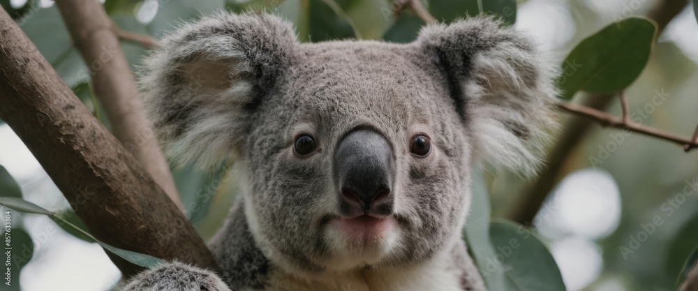 Fototapeta premium Close up of koala sitting on a tree branch 