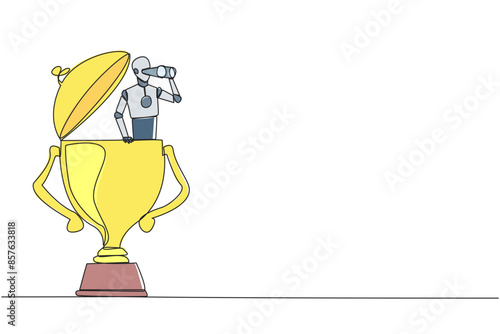 Single continuous line drawing a robot emerges from trophy looking for something through binoculars. Scan. Analyze strengths of business rival. Become winner again. One line design vector illustration