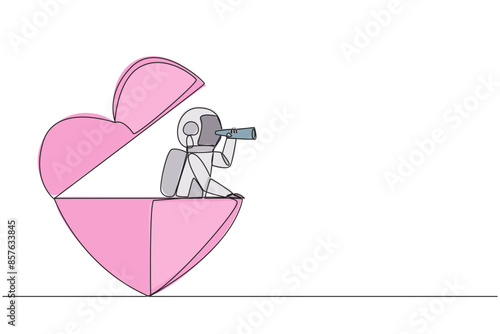 Single continuous line drawing astronaut emerges from heart shape look for something with binoculars. Strong determination to get married after returning from expedition. One line vector illustration