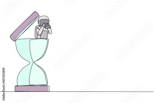 Continuous one line drawing astronaut emerges from hourglass looking for something through binoculars. Counting down to homecoming from a space expedition. Single line draw design vector illustration