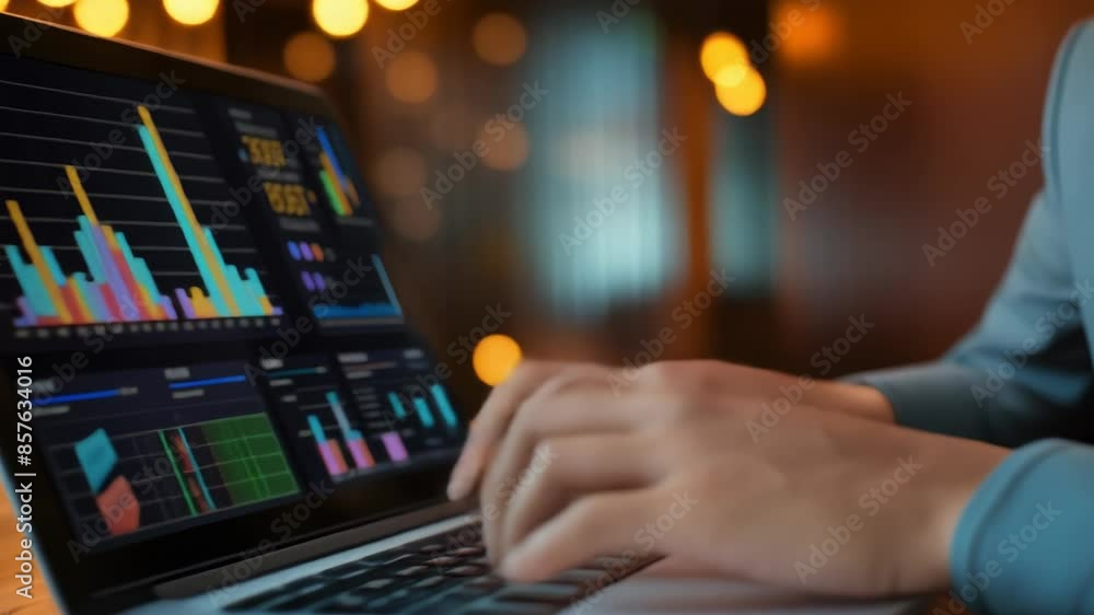 Hands typing on a laptop keyboard with various colorful data charts displayed on the screen in a dimly lit office. Hands typing on a laptop keyboard with various colorful data charts displayed on the screen in a dimly lit office.