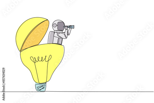 Continuous one line drawing astronaut emerges from lightbulb look for something with binocular. Collecting best ideas for to do during a lunar expedition. Single line draw design vector illustration