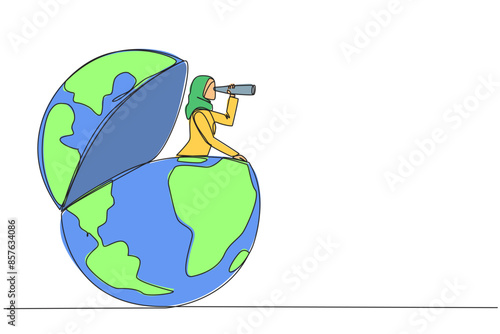 Continuous one line drawing Arabian businesswoman emerges from globe looking for something with binoculars. Ensure business rivals are still at the bottom. Single line draw design vector illustration