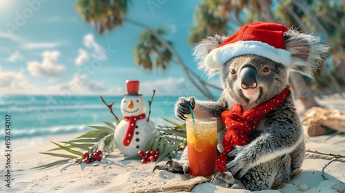 Summer Christmas party on the beach in Australia. Cute koala santa claus and snowman drinking cocktail, sunny sandy blue ocean seascape, palm tree background. Merry christmas and happy new year card.