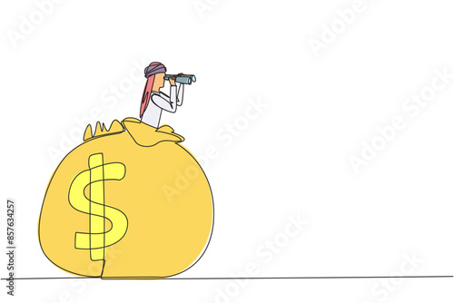 Single one line drawing Arabian businessman pops out of money bag looking for something through binoculars. More than adequate retirement funds. Gratefully. Continuous line design graphic illustration