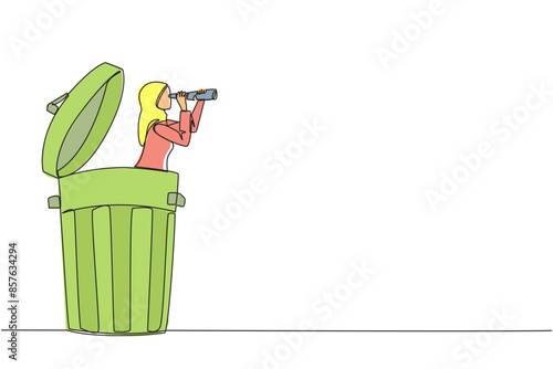 Single one line drawing Arab businesswoman emerges from trash bin look for something with binoculars. Protect environment from unfavorable business effects. Continuous line design graphic illustration