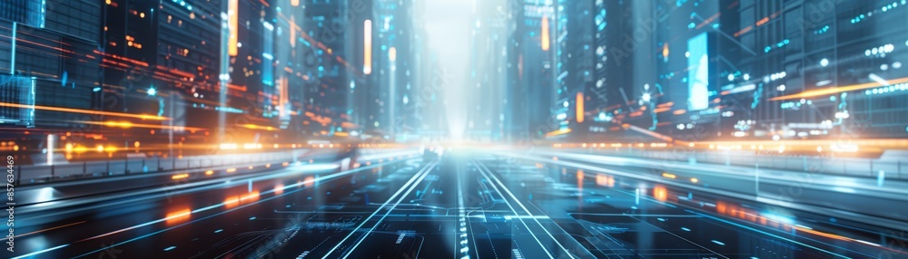 Obraz premium A futuristic city street with glowing lights and a bright, open pathway.