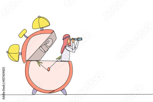 Single one line drawing Arabian businessman appears out of the alarm clock looking for something with binoculars. Unavoidable. The deadline is coming soon. Continuous line design graphic illustration