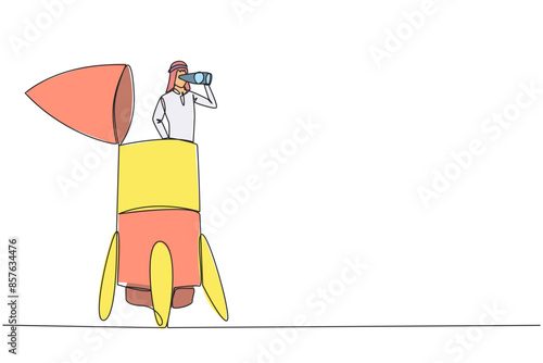 Single continuous line drawing Arab businessman emerges from rocket looking for something through binoculars. Technical preparations completed. Time to skyrocket. One line design vector illustration