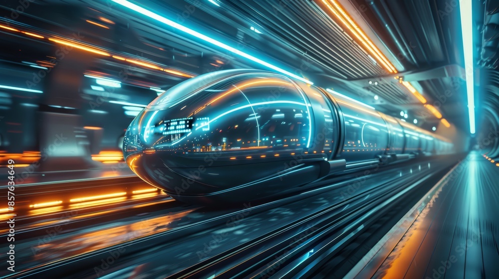 Futuristic high-speed train traveling through a neon-lit tunnel. Futuristic high-speed train traveling through a neon-lit tunnel.