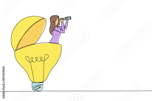 Single one line drawing businesswoman comes out of lightbulb look for something through binoculars. Looking for inspiration. Look around for bright ideas. Continuous line design graphic illustration