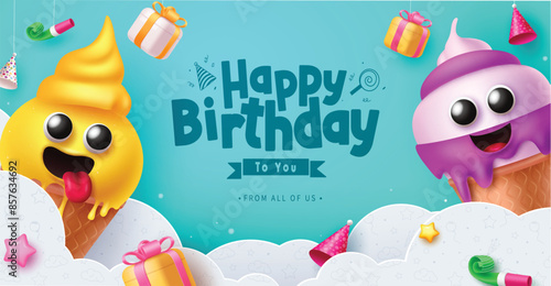 Happy birthday greeting vector template design. Birthday greeting text with cheese and strawberry ice cream characters and paper cut clouds decoration for party kids invitation card design. Vector  © ZeinousGDS